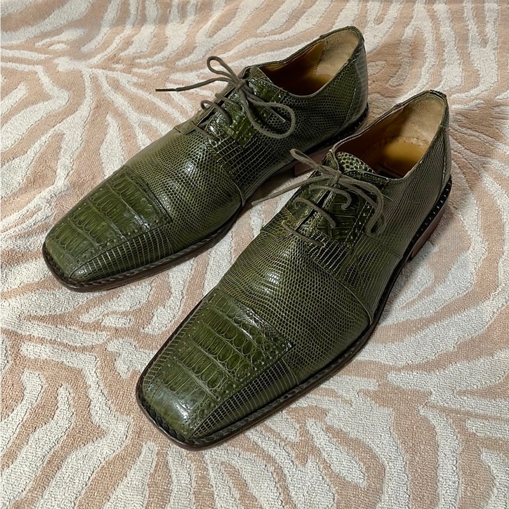 David Eden Genuine Lizard Crocodile Leather Olive Green Oxford Dress Shoes